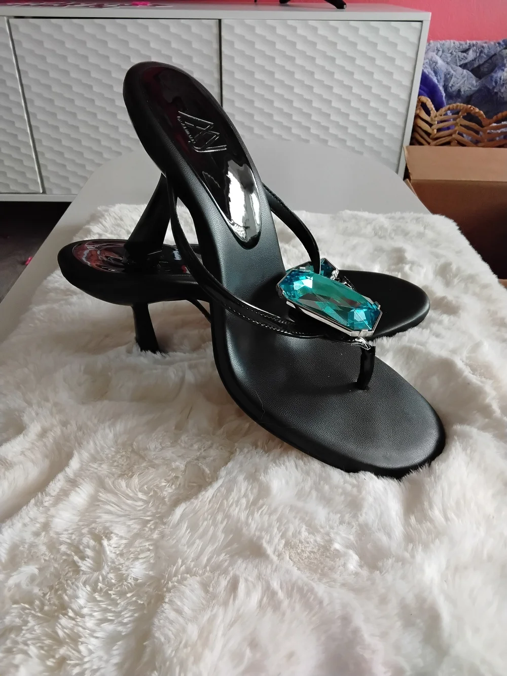 Black Thong Sandal with Large Aqua Gem Accent